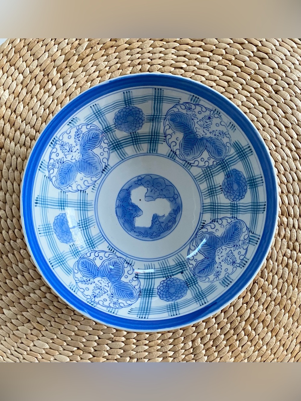 9.5” Vtg Japanese Seto Ware Blue & White Porcelain Bowl Double Foot Ring 20th C